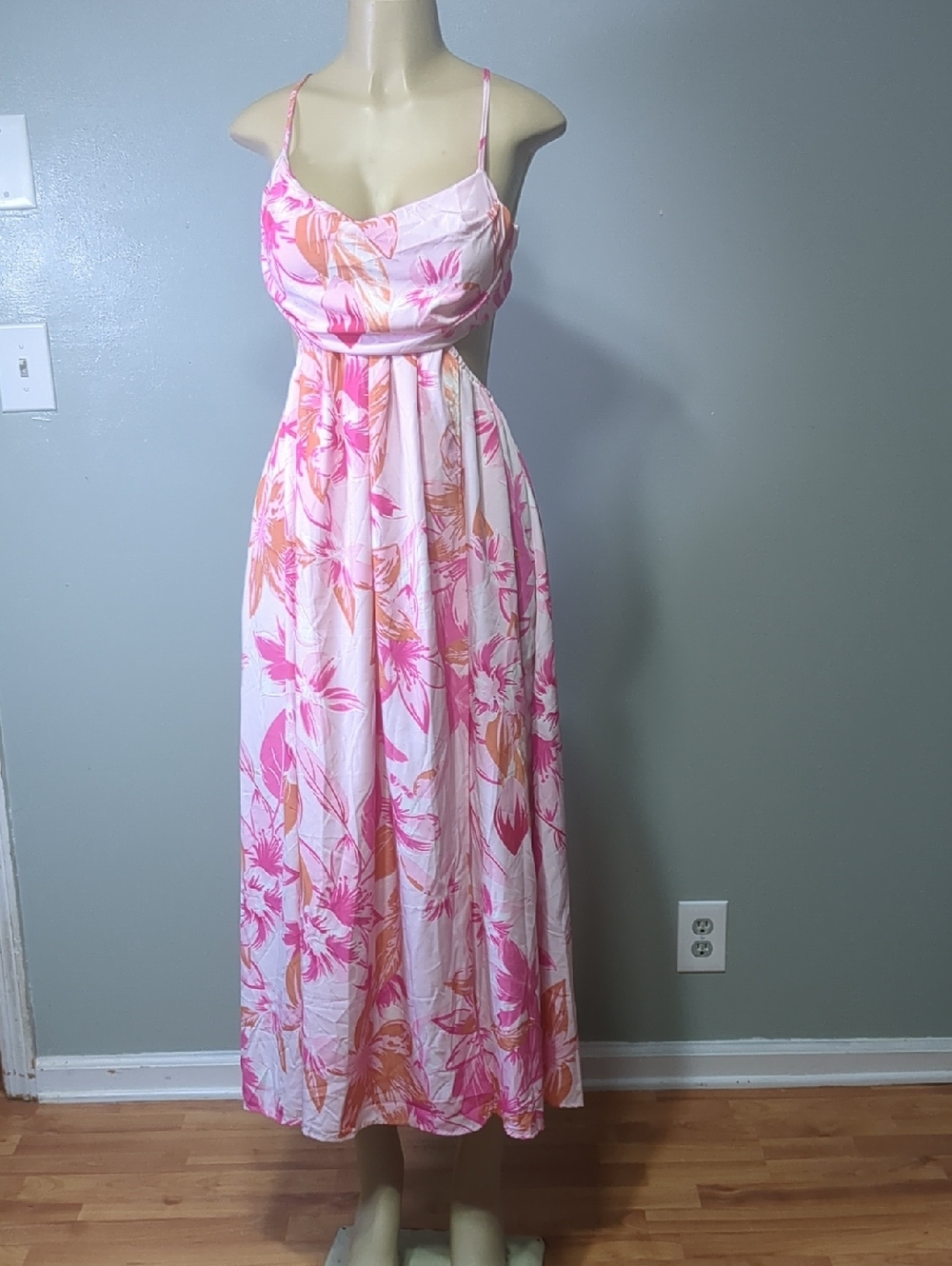 Pink Floral Maxi Dress with Spaghetti Straps